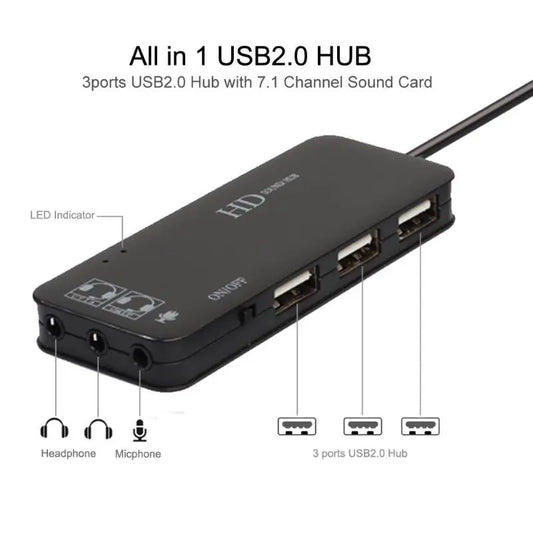 Moonegg choice 3 Port USB Hub with External 7.1 Channel Sound Card Headset Microphone Adapter USB Hub 2.0